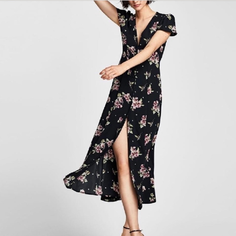 ZARA long flowy dress with cap sleeves